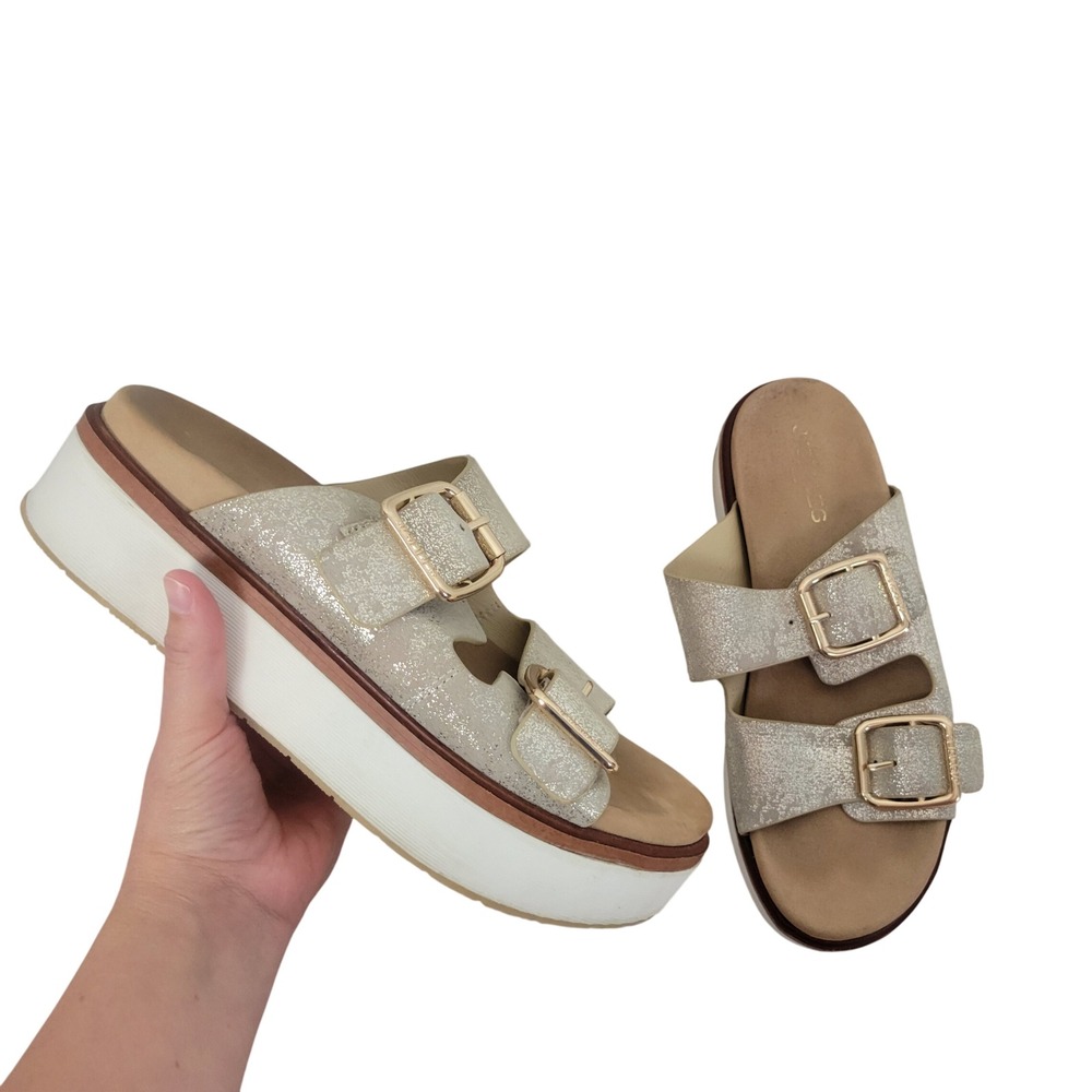 J/Slides Bowie Nubuck Dual-Buckle Slide Sandals Gold Metallic Size 10